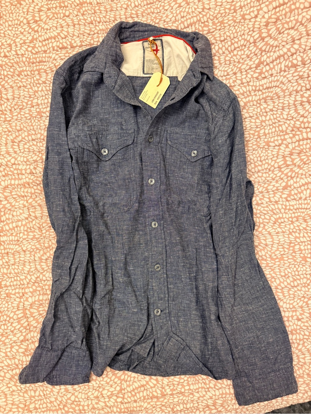 Relwen Linen Blend Chambray Button-Up Work Shirt in Blue